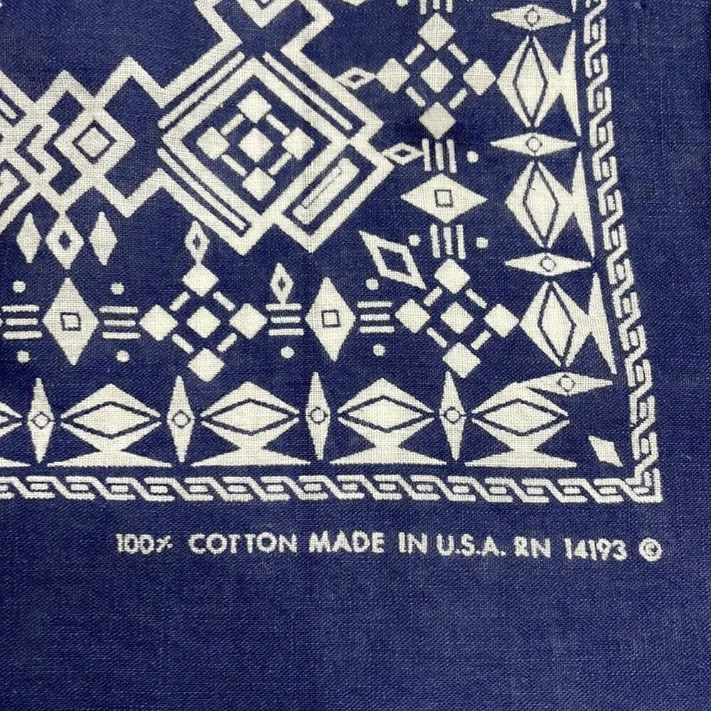 Vintage blue and white geometric print bandanna rn 14193 made in the USA